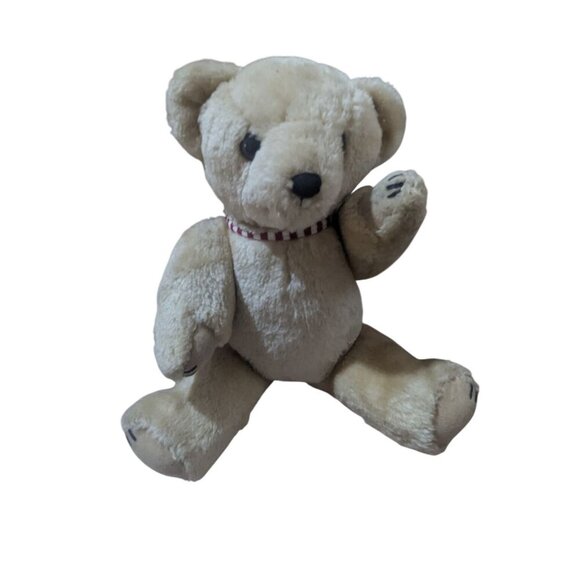 Vintage Beige Teddy Bear W/ Red & White Striped Collar Plush Toy Collectible 12" - Picture 2 of 7